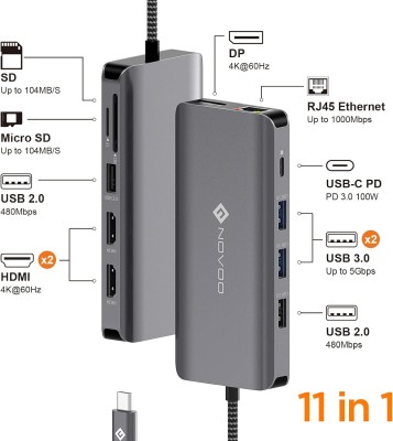 NOVOO USB-C 11-in-1 Docking Station / Hub - USB-C (100W PD 3.0, 5 Gbp/s), 2x HDMI (4K@60Hz), DisplayPort (4K@60Hz), 2x USB3.0, USB2.0, Gigabit LAN, SD-reader, microSD-reader#2