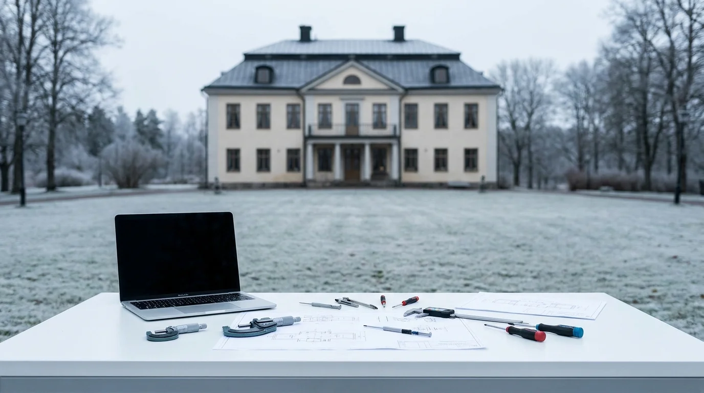 Hågelby herrgård i Botkyrka med MacBook och precisionsverktyg på vit verkstadsbänk i förgrunden