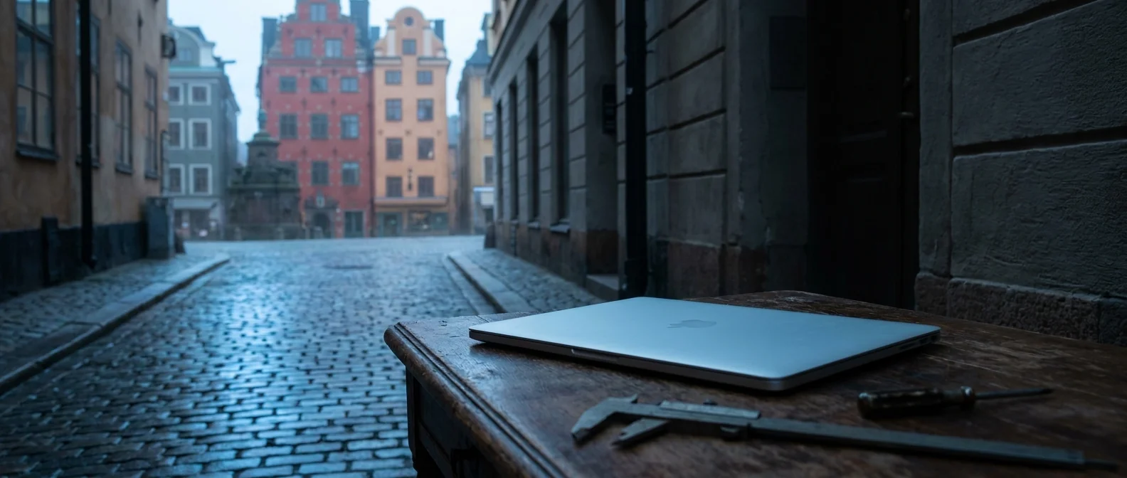 Gamla stans medeltida gränder i Stockholm med MacBook i förgrunden