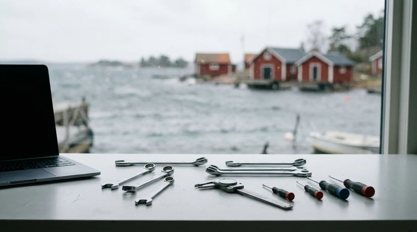 Dalarö skärgård i Haninge med MacBook och precisionsverktyg på vit verkstadsbänk i förgrunden