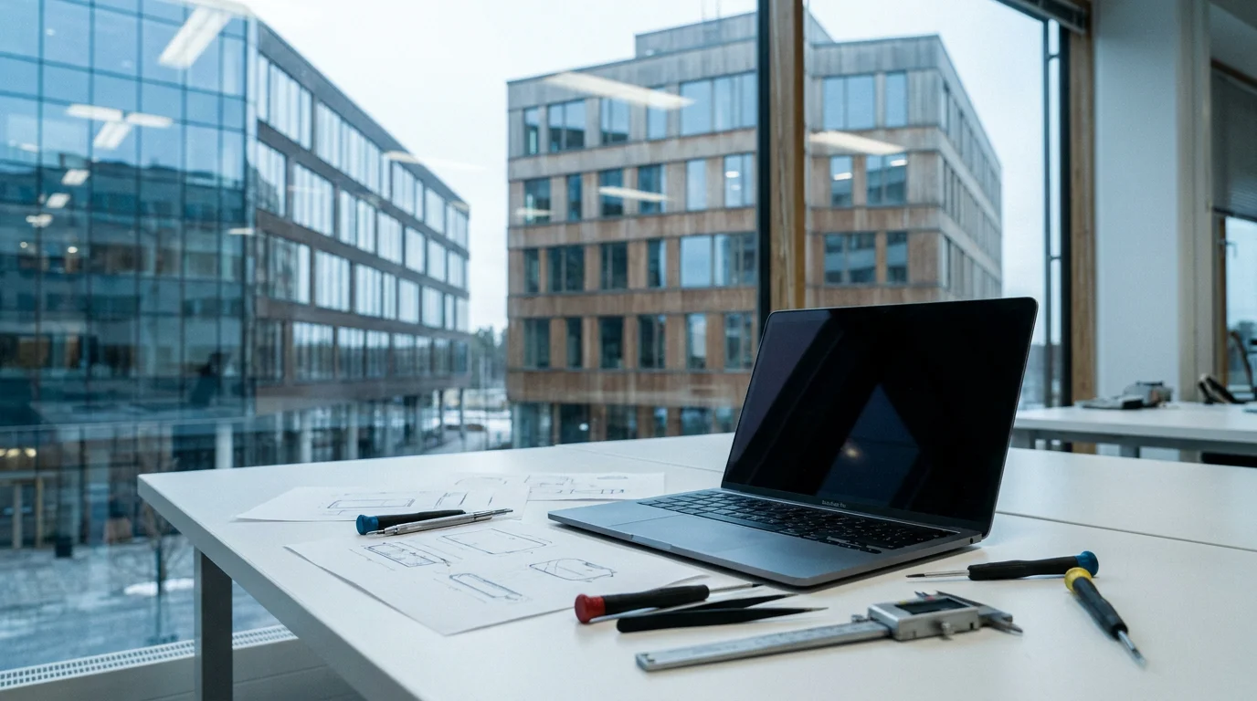 Flemingsbergs moderna campus och kontorshus i Huddinge med MacBook och precisionsverktyg på vit verkstadsbänk i förgrunden