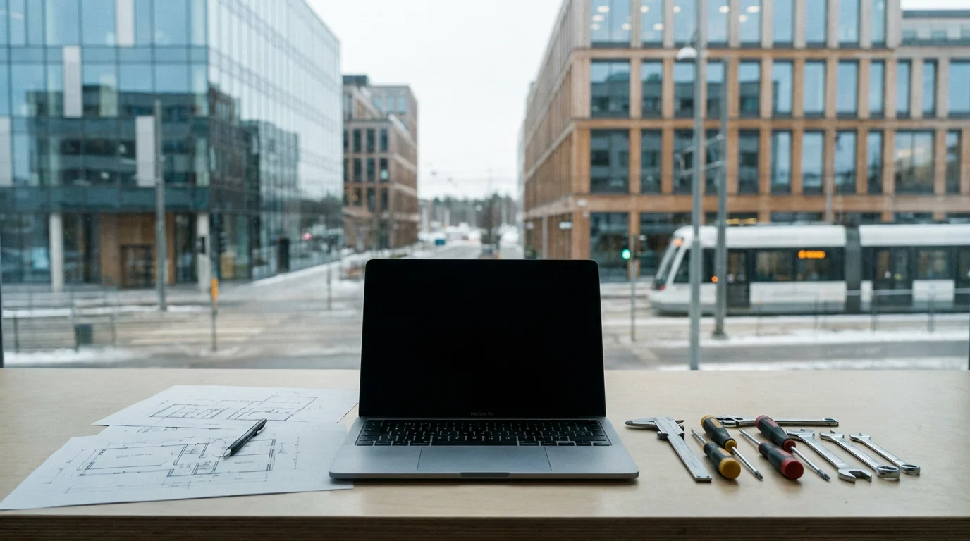 Barkarby handelsplats och Järfälla modern stadsmiljö med MacBook och precisionsverktyg på vit verkstadsbänk i förgrunden
