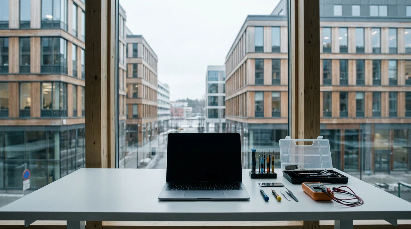 Sickla allé och Nacka modernt stadsbyggande med MacBook och precisionsverktyg på vit verkstadsbänk i förgrunden