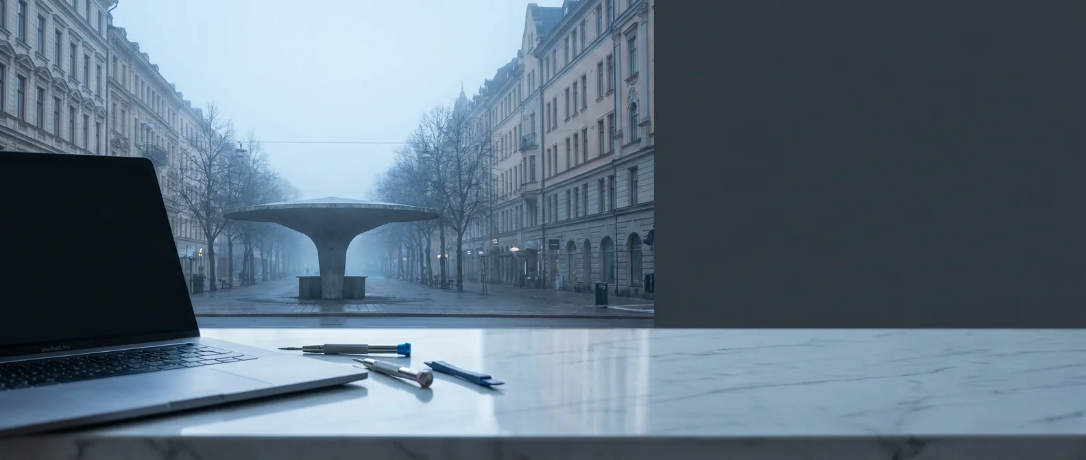 Stureplans svamp och klassiska Östermalms-fasader med MacBook Pro på marmoryta i förgrunden