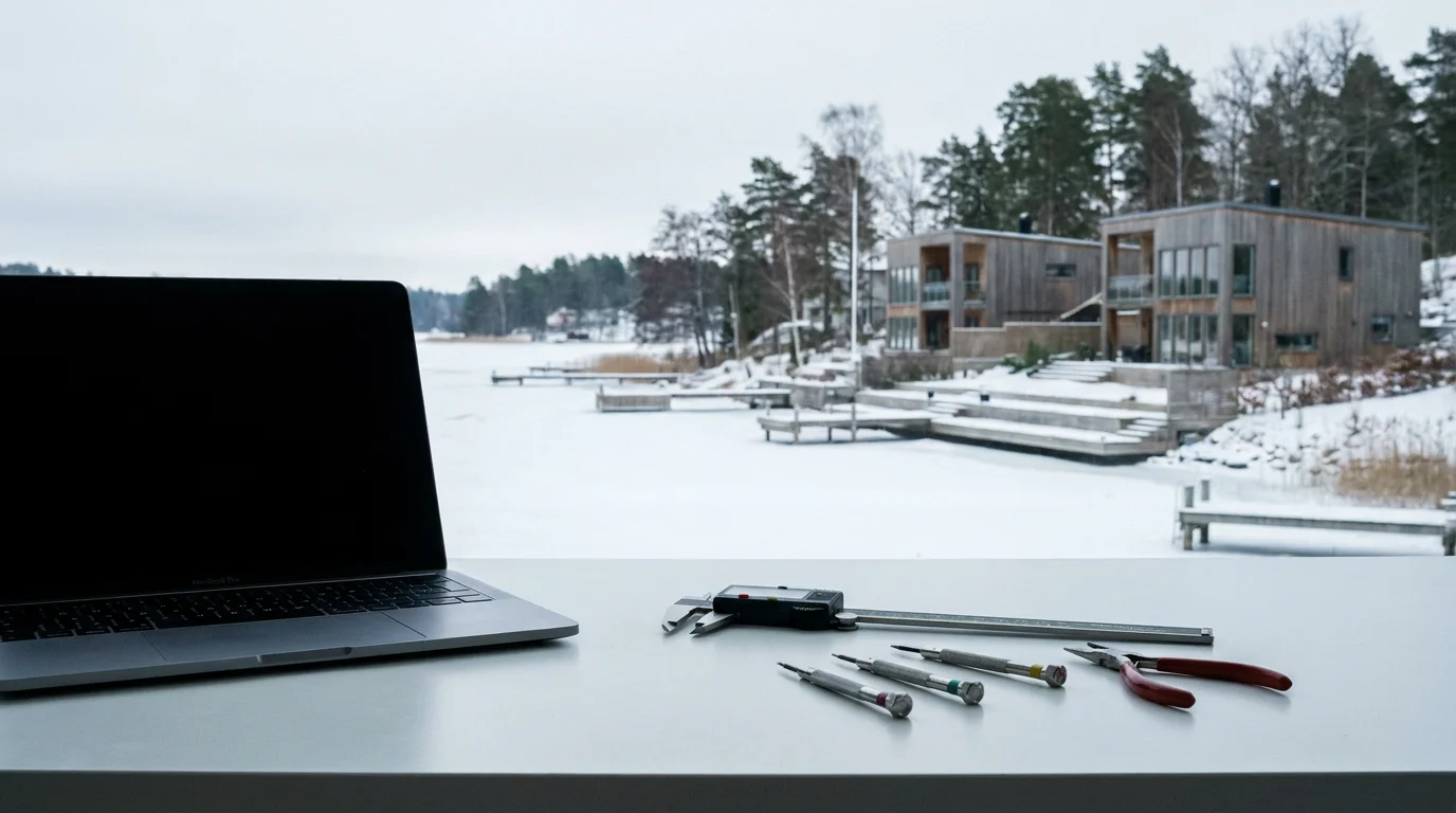 Edsviken sjölandskap och Sollentuna villabebyggelse med MacBook och precisionsverktyg på vit verkstadsbänk i förgrunden