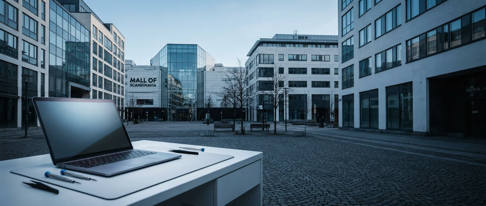 Modern skandinavisk arkitektur i Solna med laptop och precisionsverktyg på vit verkstadsbänk