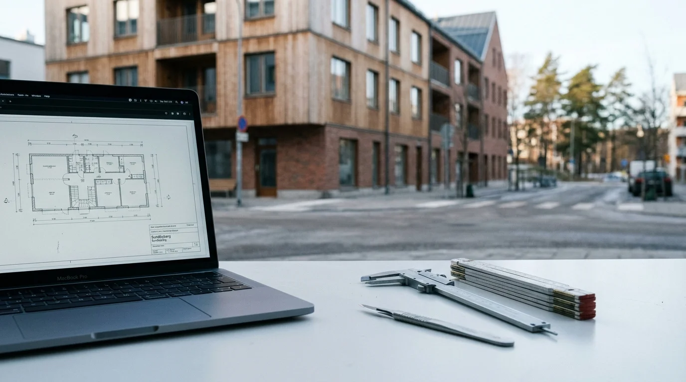 Modern skandinavisk arkitektur i Sundbyberg med laptop och precisionsverktyg på vit verkstadsbänk