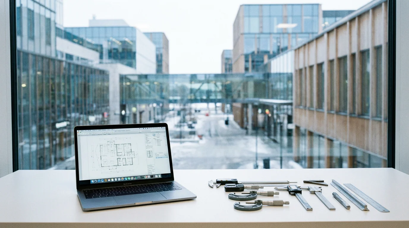 Täby Centrum modern stadsmiljö med MacBook och precisionsverktyg på vit verkstadsbänk i förgrunden