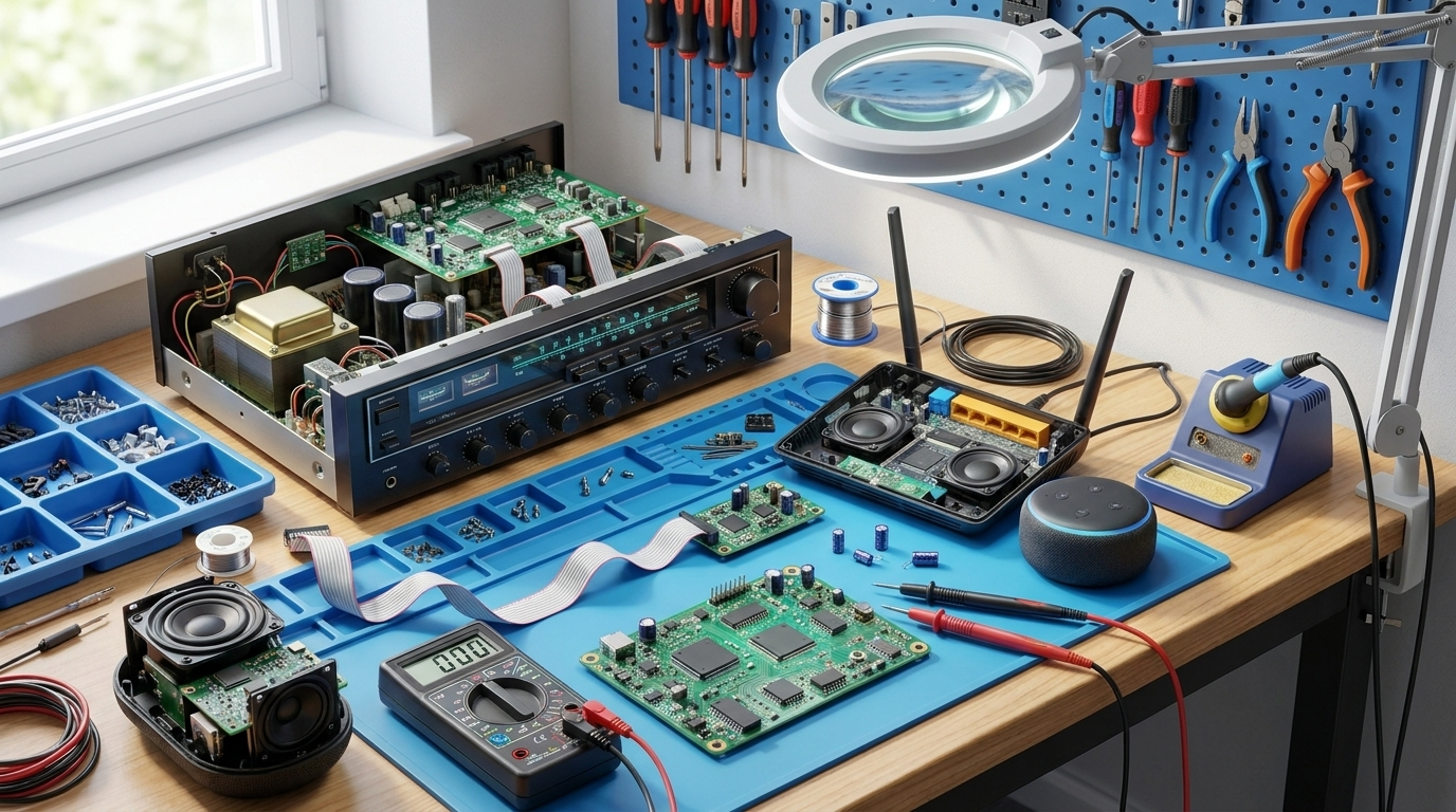 Verkstadsbänk med förstärkare, router och kretskort under elektronikreparation hos TeknikFix