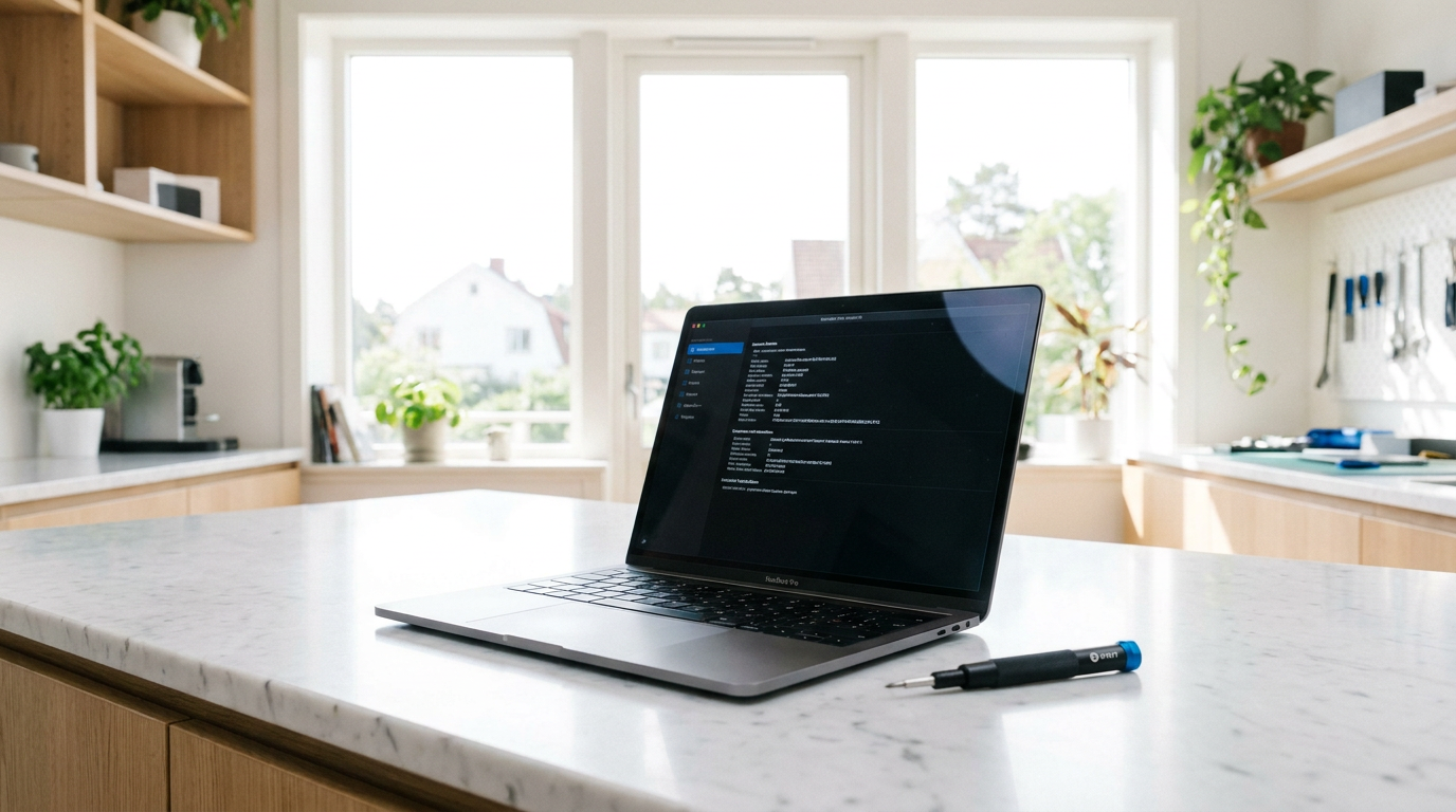MacBook Pro och precisionsverktyg på vit marmor i ljus skandinavisk verkstad — datorreparation Bromma