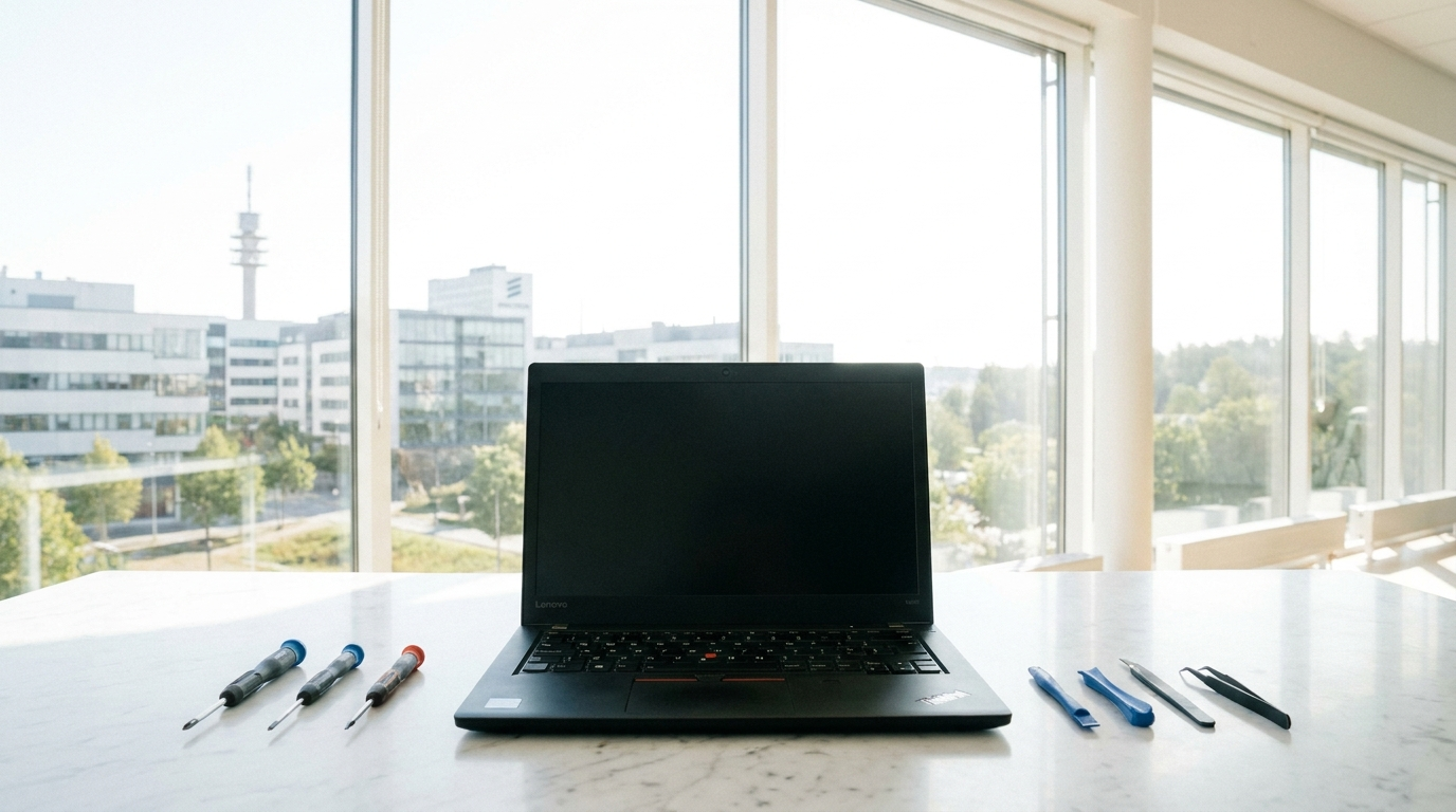 ThinkPad och precisionsverktyg på vit marmor i ljus skandinavisk verkstad — datorreparation Kista