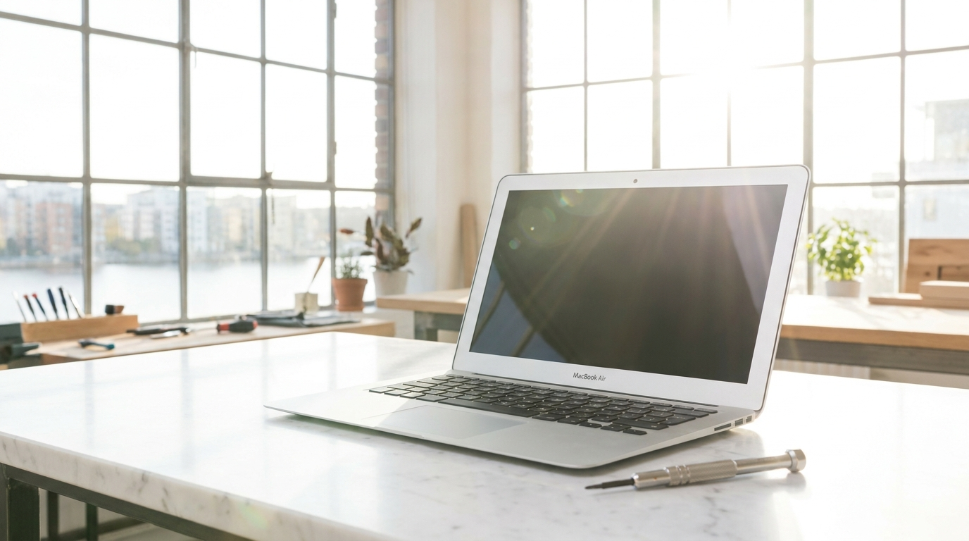 MacBook Air och precisionsverktyg på vit marmor i ljus skandinavisk verkstad — datorreparation Hammarby Sjöstad