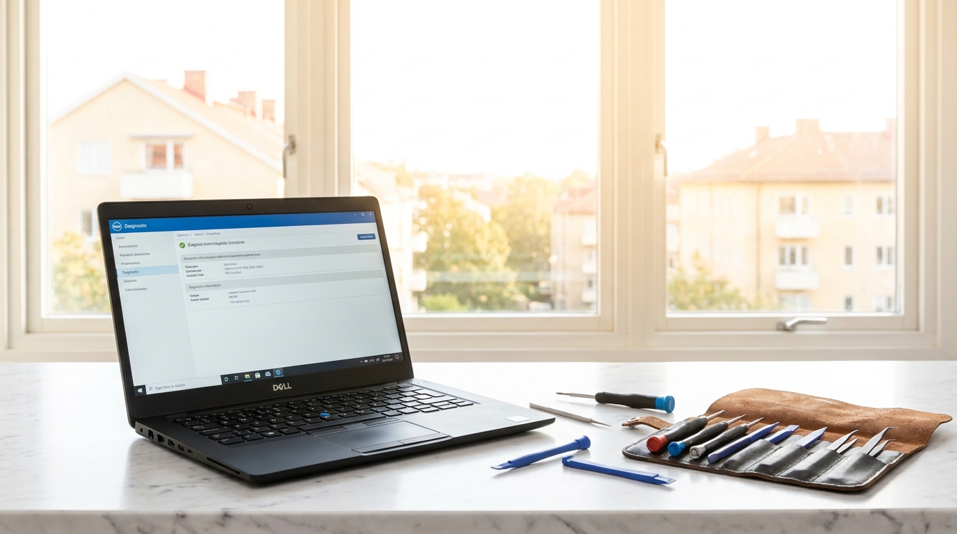 Dell Latitude och precisionsverktyg på vit marmor i ljus skandinavisk verkstad — datorreparation Hägersten