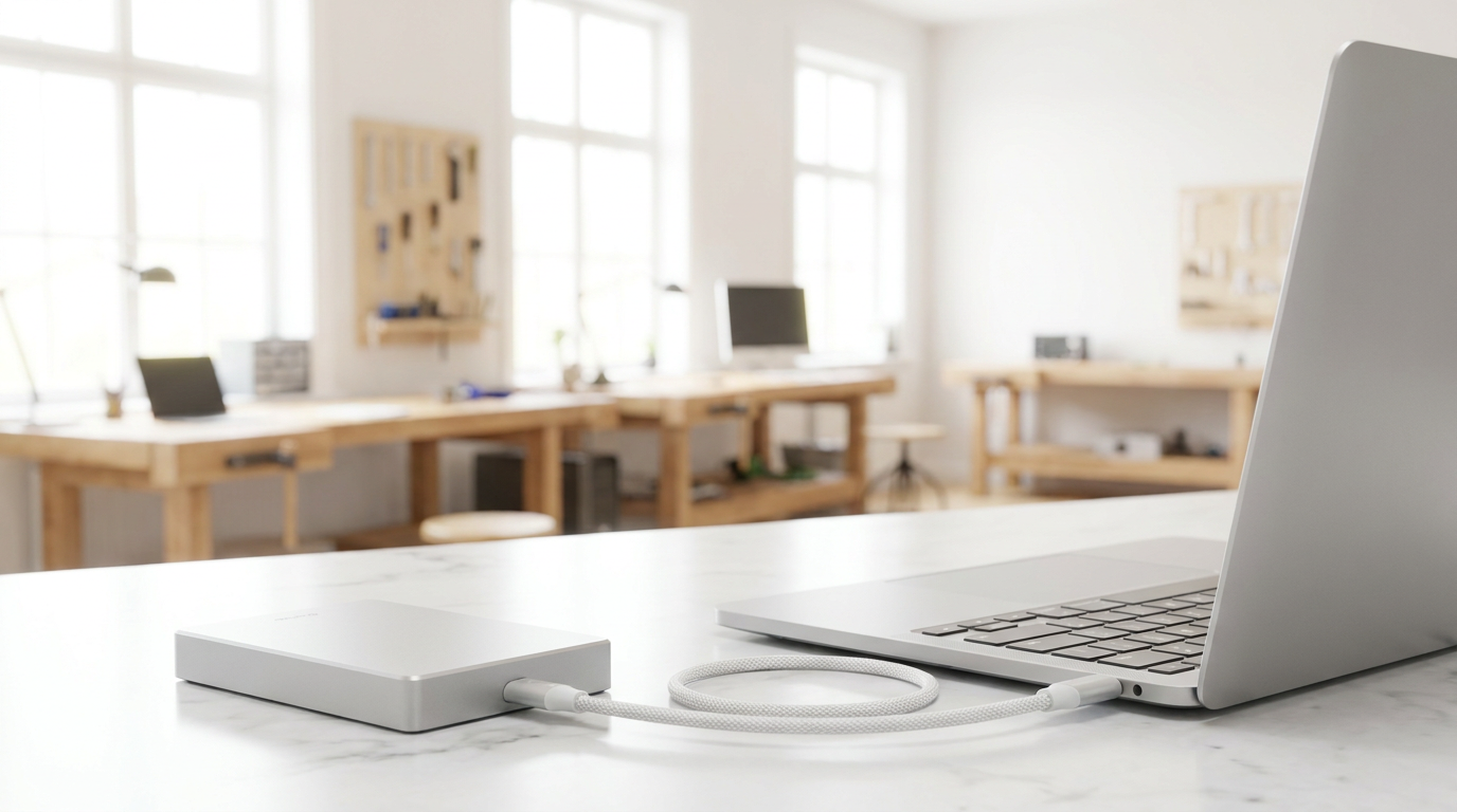 Extern hårddisk och MacBook med USB-C-kabel på vit marmor i ljus skandinavisk verkstad