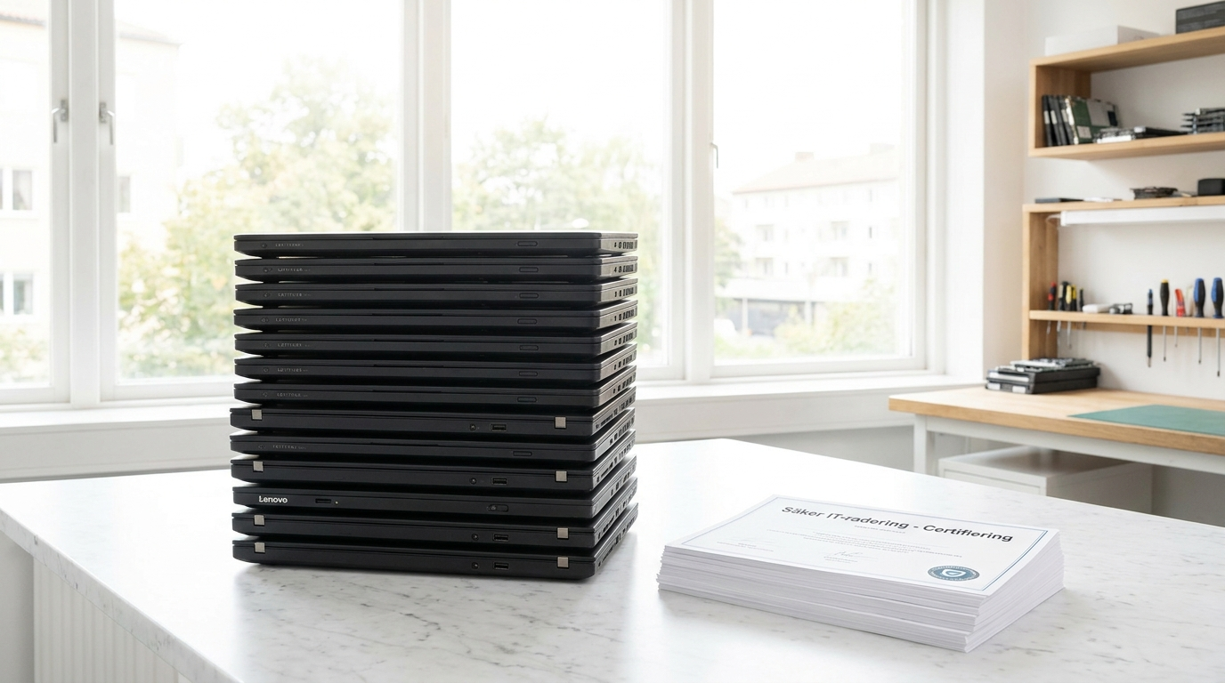 Stapel av företagslaptops på vit marmor redo för säker IT-radering