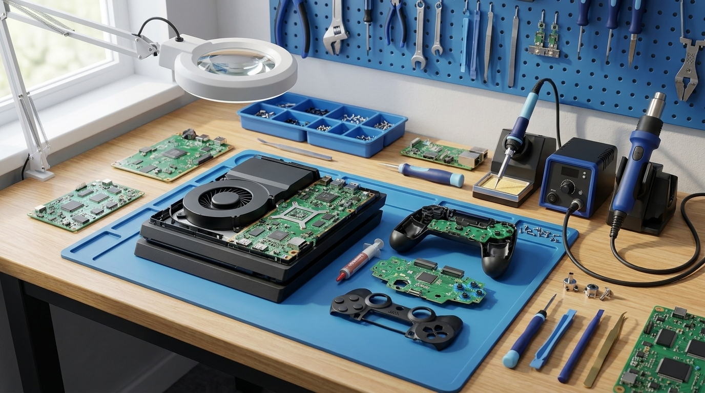 Öppnad spelkonsol och handkontroller under reparation på verkstadsbänk hos TeknikFix