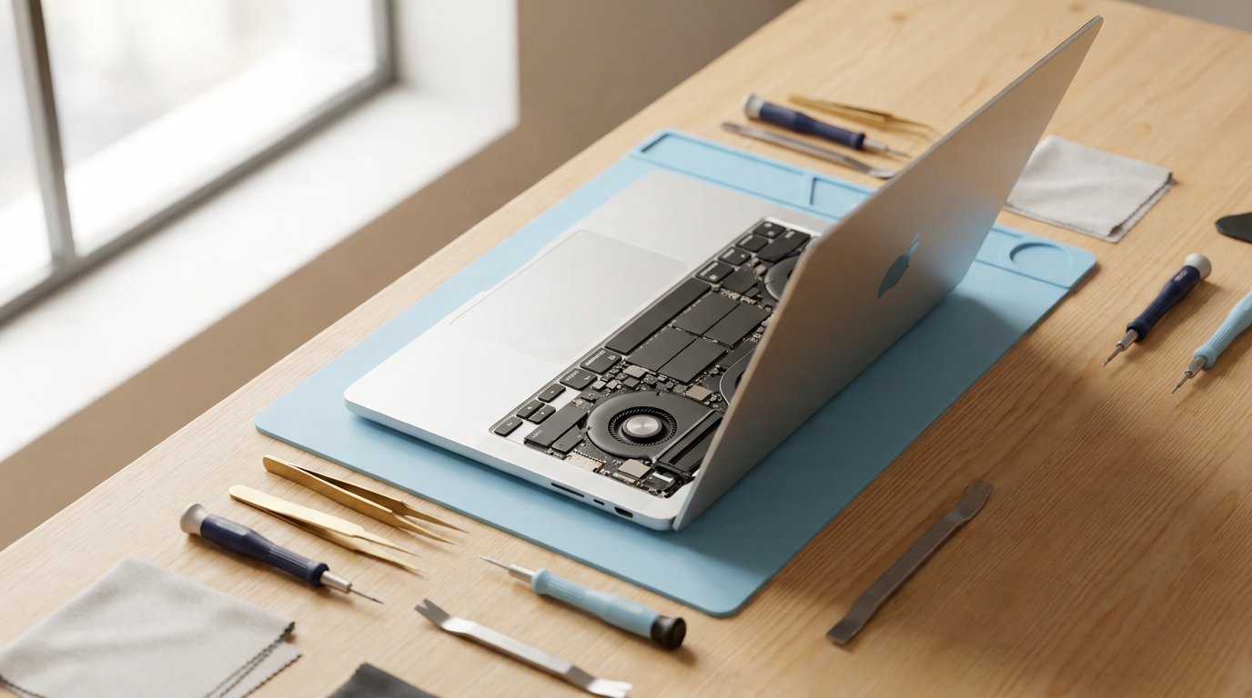 Öppen MacBook på verkstadsbänk med precisionsverktyg för Apple-reparation