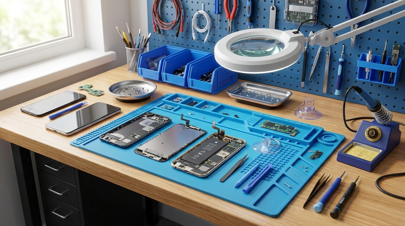 Isärtagna mobiltelefoner med skärmar och batterier under reparation hos TeknikFix