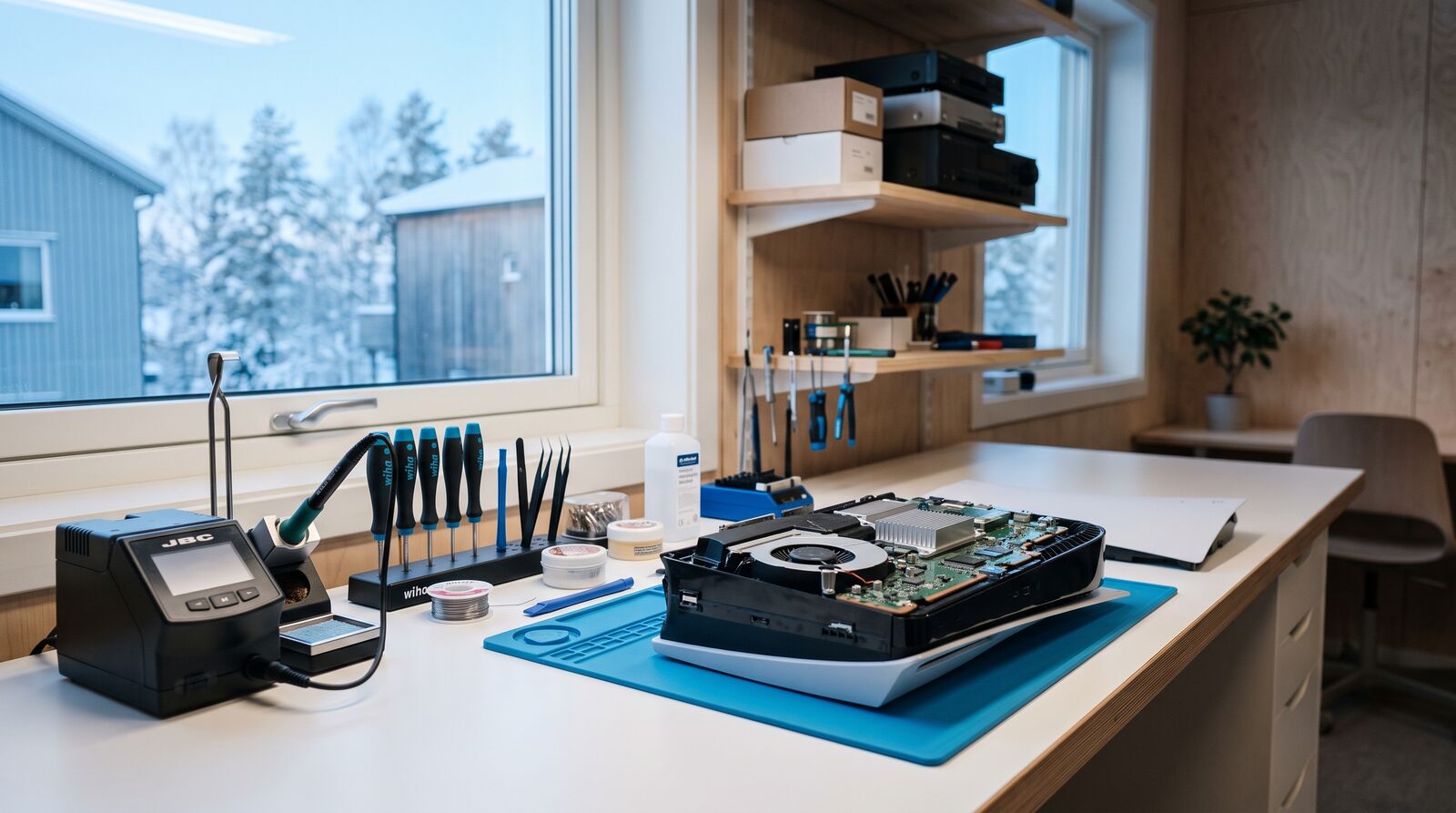 Spelkonsol under reparation på TeknikFix verkstadsbänk i Stockholm