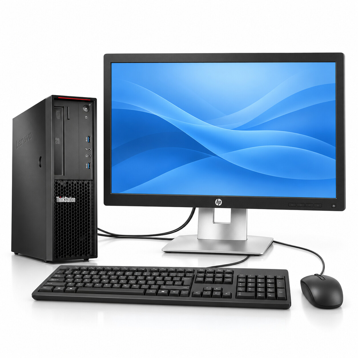 Paketillustration: Lenovo ThinkStation P320, HP E242 24-tumsskärm samt nytt trådbundet tangentbord och ny trådbunden mus